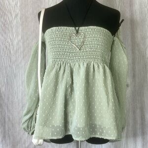 SHEIN Curve Mint Green Swiss Dot Smocked Peplum Blouse - 2XL